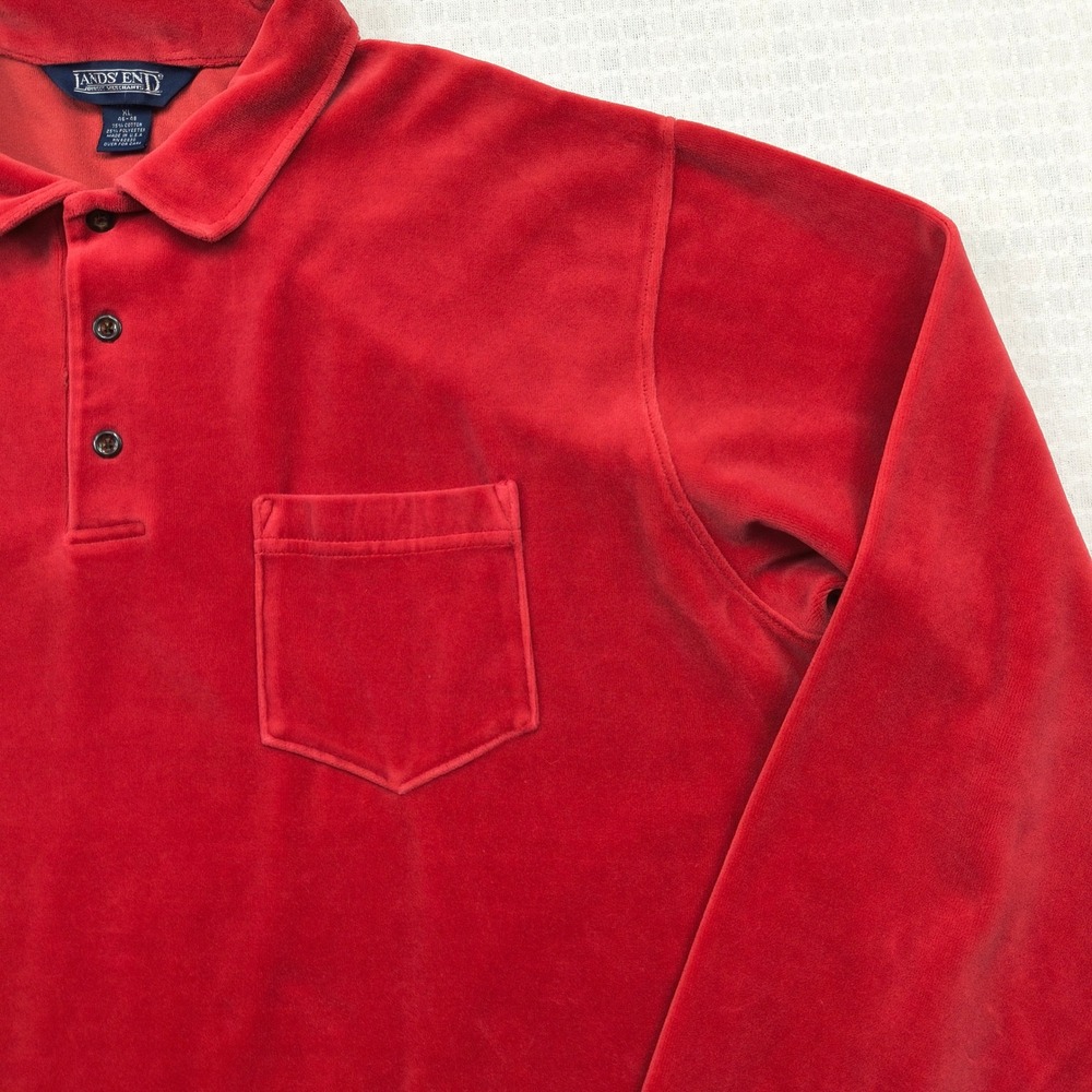 Lands End Mens XL‎ Red Velour Long Sleeve Polo Shirt Made in USA 46-48 Vintage - Picture 6 of 10